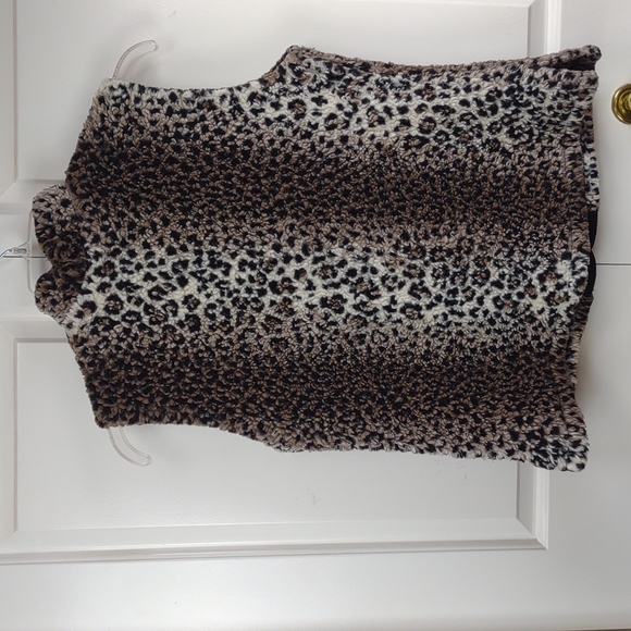 Coldwater Creek Brown Cream Cheetah Leopard Animal Print Fleece Faux Fur BU Vest - Picture 7 of 11